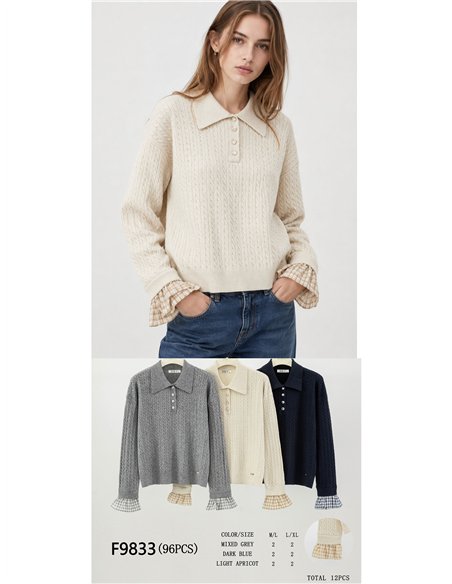 Jersey trenzado cuello polo puños cuadros