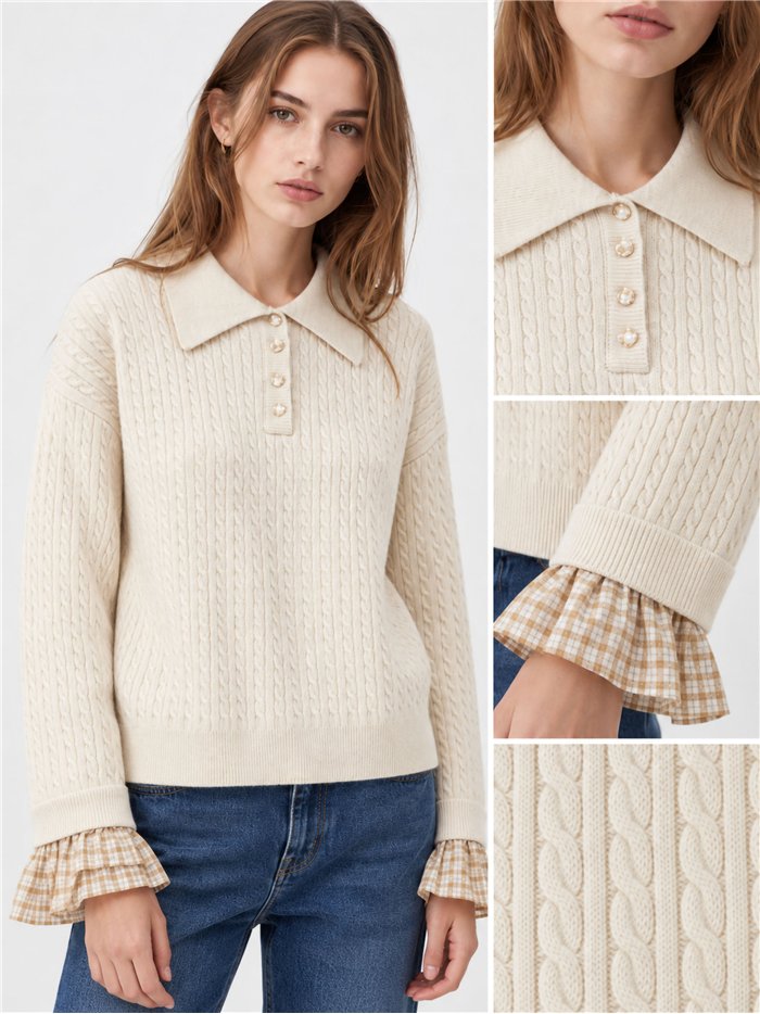 Jersey trenzado cuello polo puños cuadros
