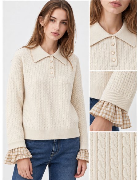 Jersey trenzado cuello polo puños cuadros
