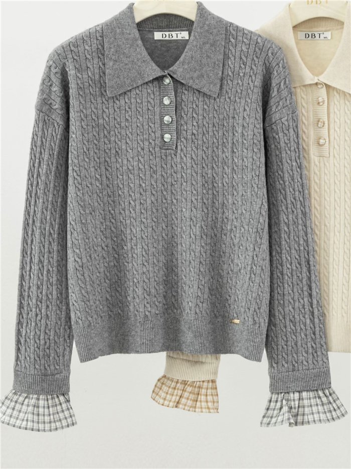 Jersey trenzado cuello polo puños cuadros