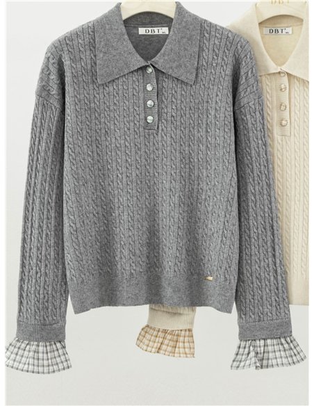 Jersey trenzado cuello polo puños cuadros