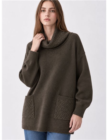 Jersey amplio cuello vuelto bolsillos