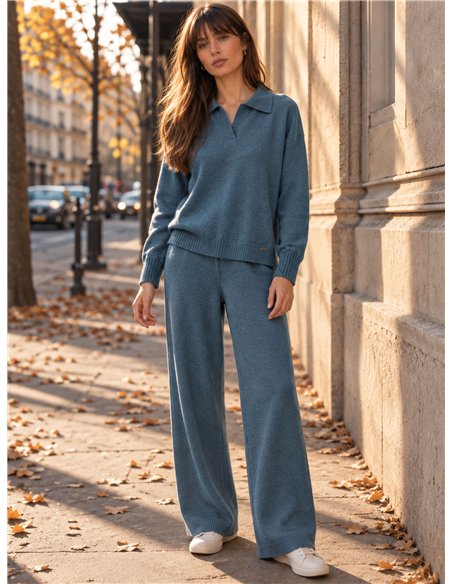 Conjunto jersey cuello polo y pantalón wide leg