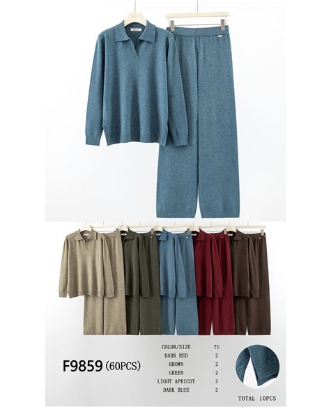 Conjunto jersey cuello polo y pantalón wide leg
