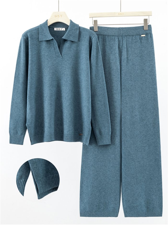 Conjunto jersey cuello polo y pantalón wide leg