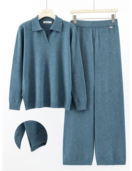 Conjunto jersey cuello polo y pantalón wide leg