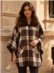 Poncho a quadri color cammello con collo di pelliccia