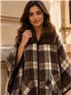 Poncho a quadri color cammello con collo di pelliccia
