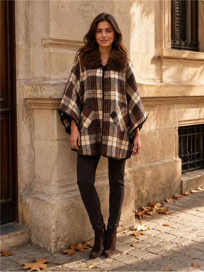 Poncho a quadri color cammello con collo di pelliccia