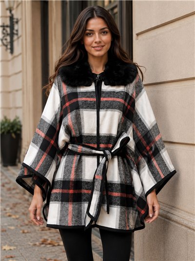 Poncho a quadri bicolore con cintura