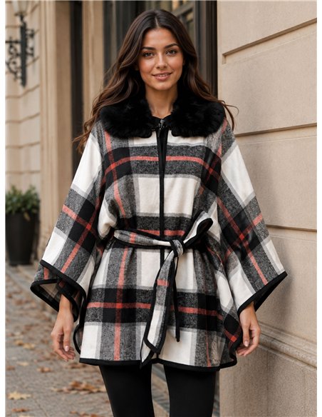 Poncho a quadri bicolore con cintura