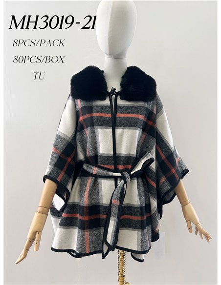 Poncho a quadri bicolore con cintura