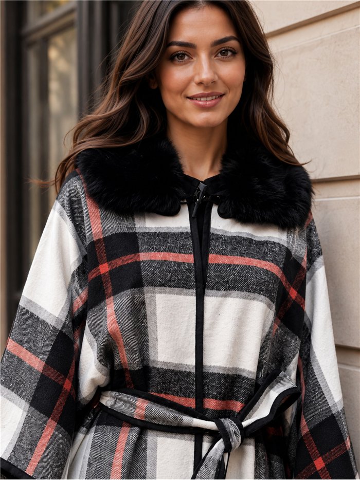 Poncho a quadri bicolore con cintura