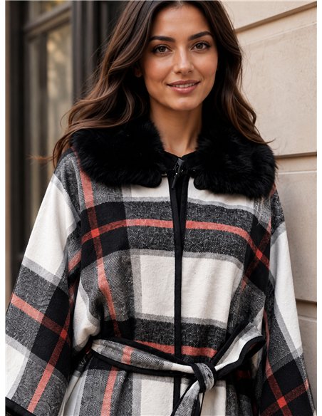 Poncho a quadri bicolore con cintura