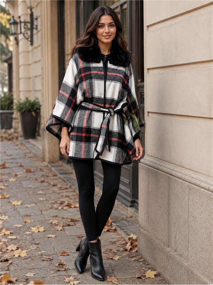 Poncho a quadri bicolore con cintura