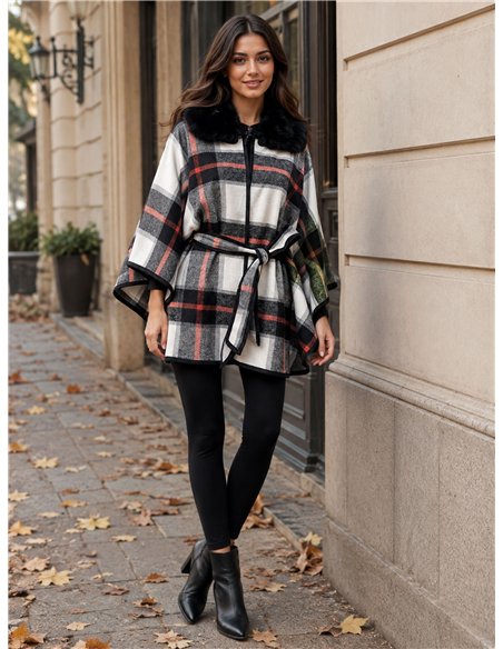 Poncho a quadri bicolore con cintura