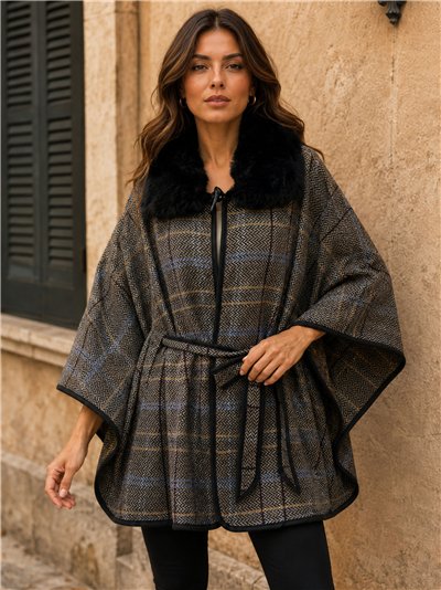 poncho con cintura a spina di pesce e collo di pelliccia