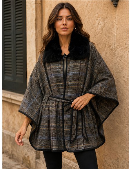 poncho con cintura a spina di pesce e collo di pelliccia