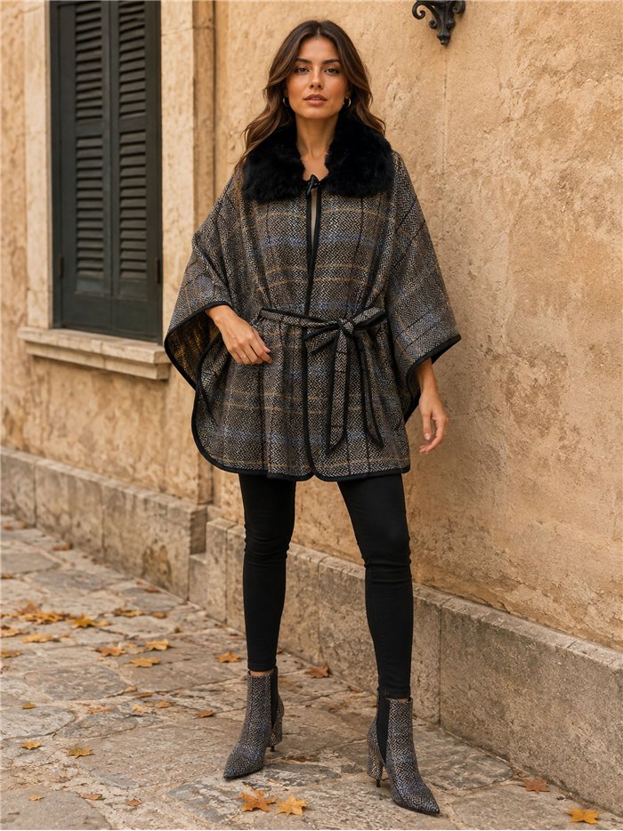 poncho con cintura a spina di pesce e collo di pelliccia