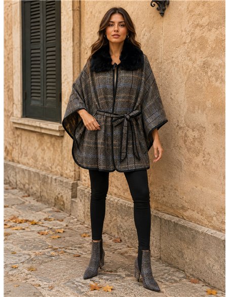 poncho con cintura a spina di pesce e collo di pelliccia