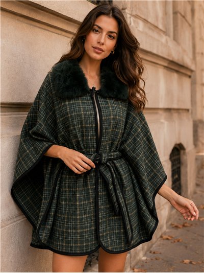 Poncho a quadri verdi con cintura
