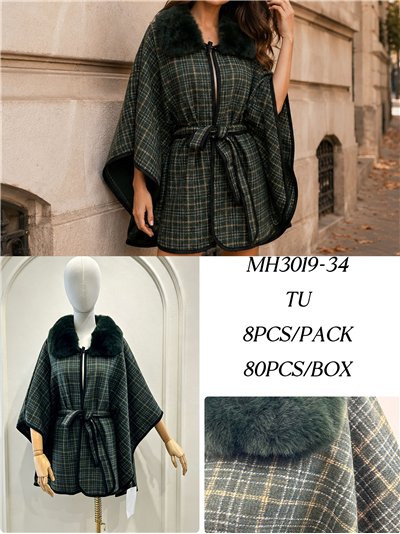 Poncho a quadri verdi con cintura 2