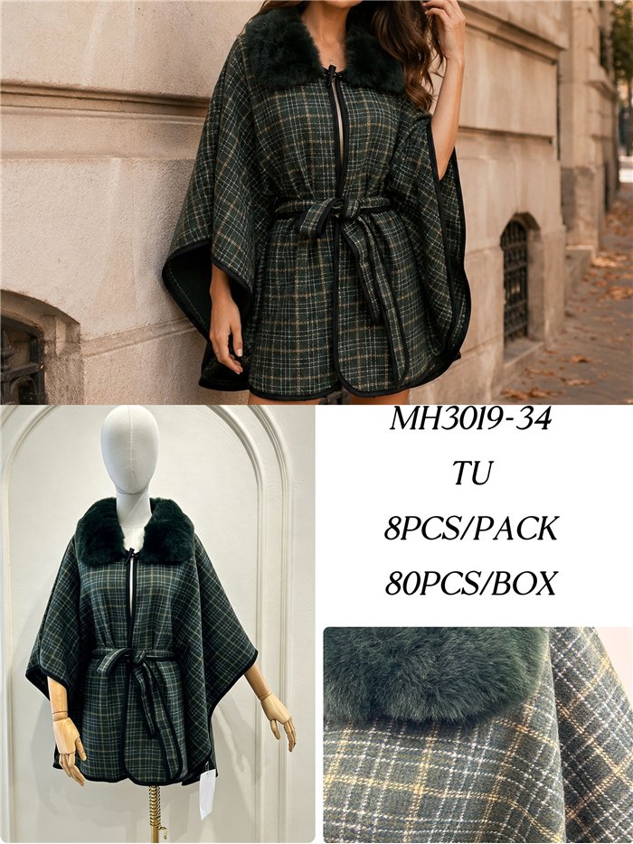 Poncho a quadri verdi con cintura