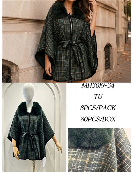 Poncho a quadri verdi con cintura