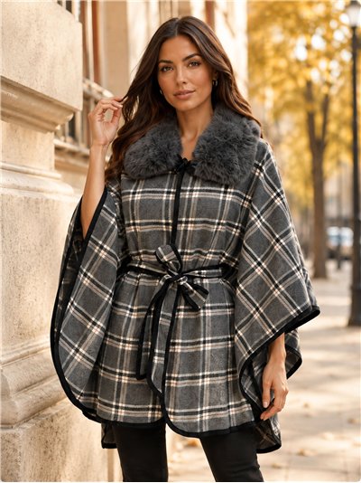 Poncho a quadri grigi con cintura