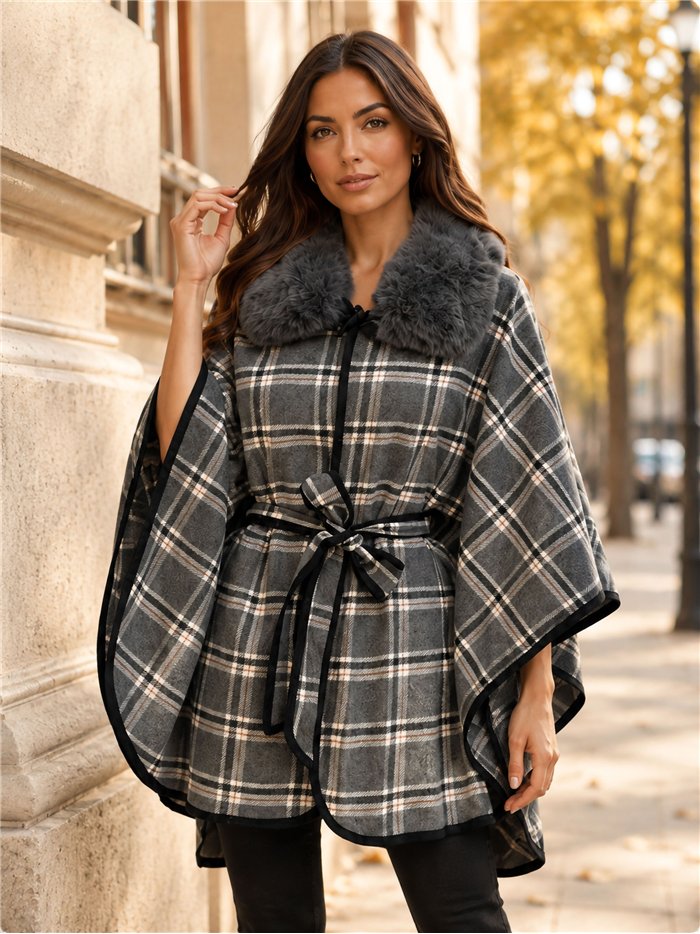 Poncho a quadri grigi con cintura