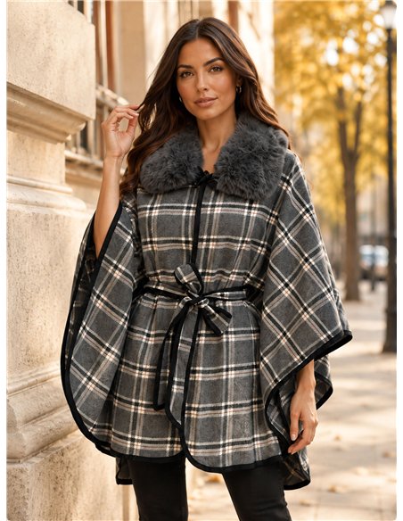 Poncho a quadri grigi con cintura