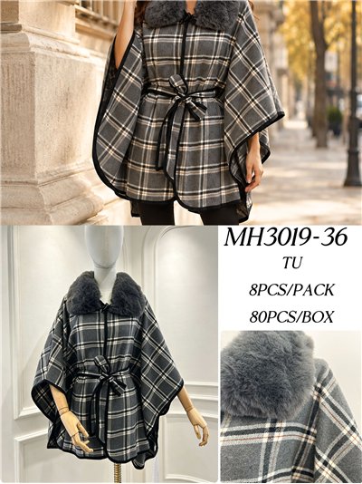 Poncho a quadri grigi con cintura 2