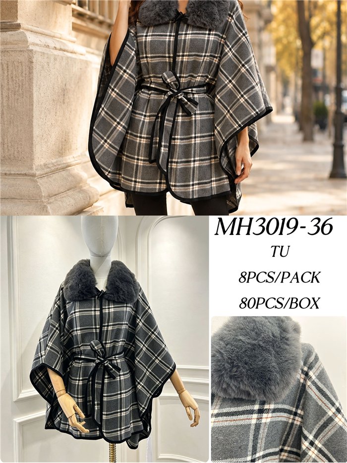 Poncho a quadri grigi con cintura
