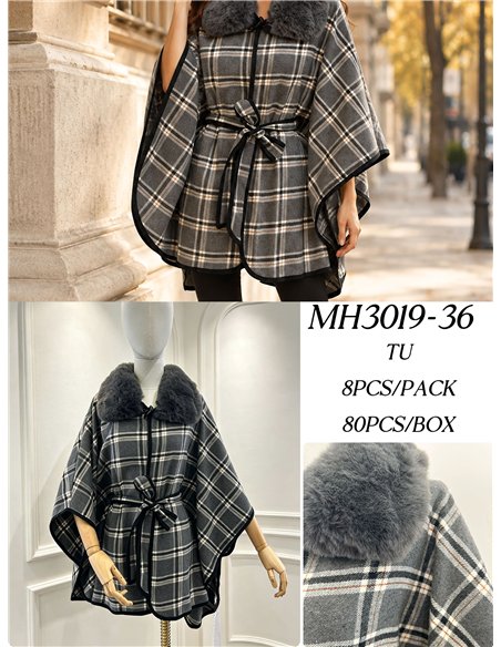 Poncho a quadri grigi con cintura