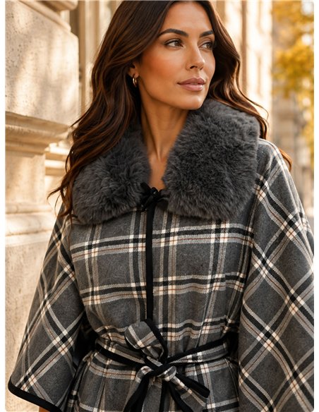 Poncho a quadri grigi con cintura
