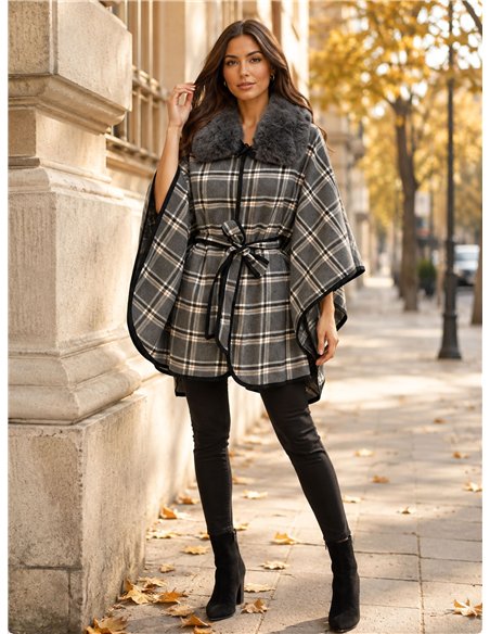 Poncho a quadri grigi con cintura
