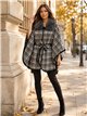 Poncho a quadri grigi con cintura