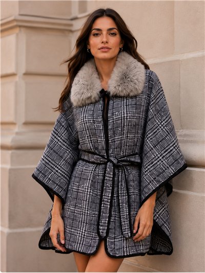 Poncho a quadri blu con cintura