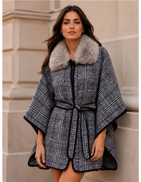 Poncho a quadri blu con cintura