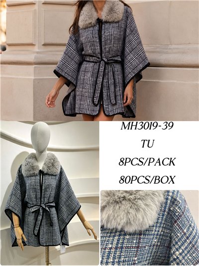 Poncho a quadri blu con cintura 2