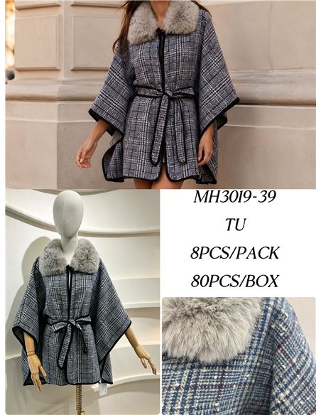 Poncho a quadri blu con cintura