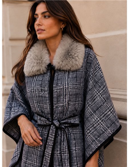Poncho a quadri blu con cintura