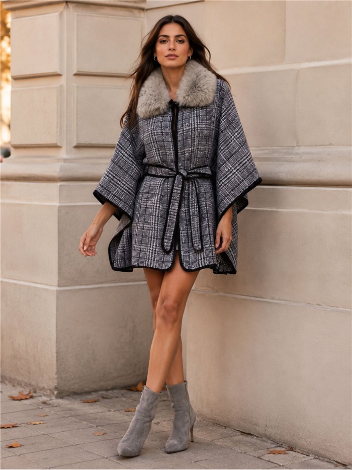 Poncho a quadri blu con cintura
