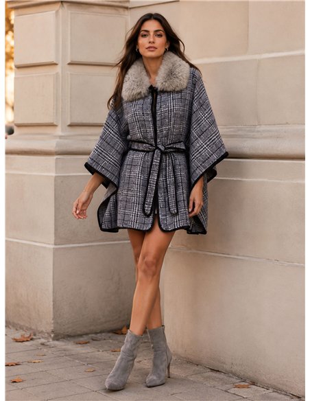 Poncho a quadri blu con cintura