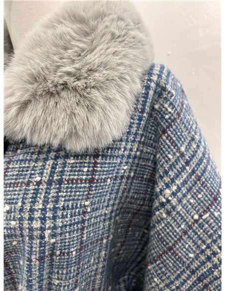 Poncho a quadri blu con cintura