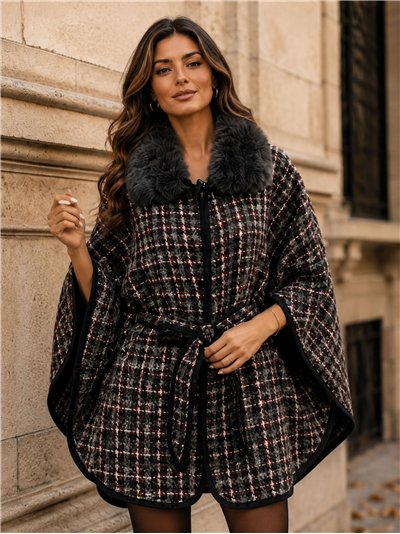 Poncho in tweed a quadri con cintura