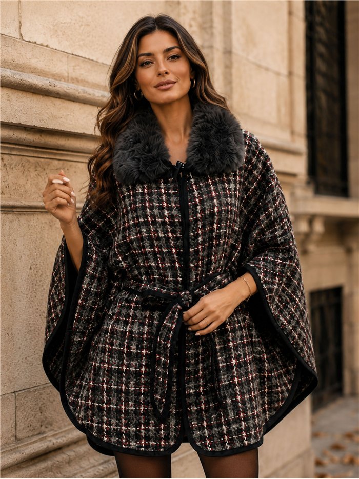 Poncho in tweed a quadri con cintura