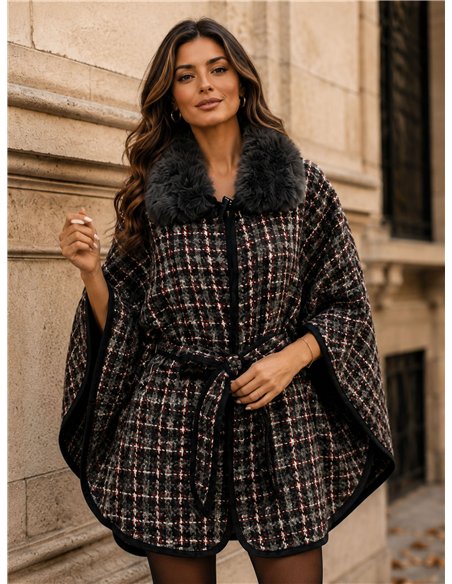 Poncho in tweed a quadri con cintura