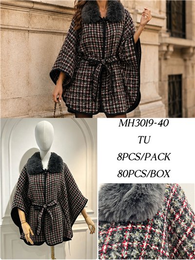 Poncho in tweed a quadri con cintura 2