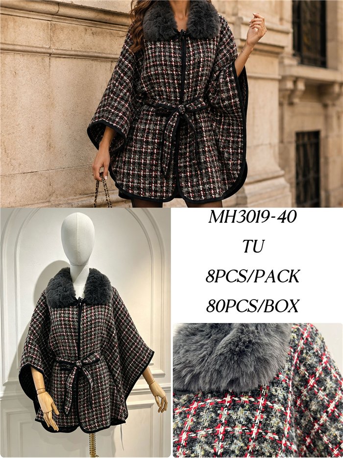Poncho in tweed a quadri con cintura